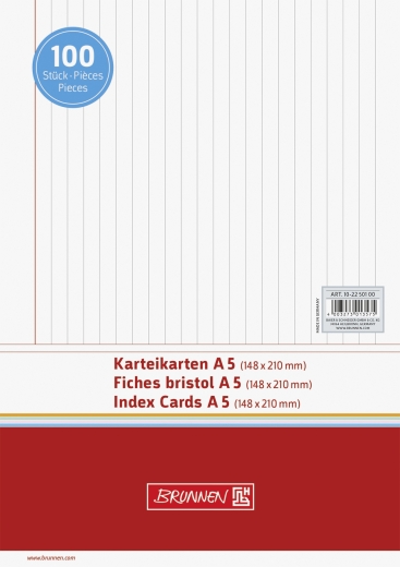 Karteikarten A5 liniert, 6 mm Zeilenabstand, rote Kopflinie, graue Querlinien weiß