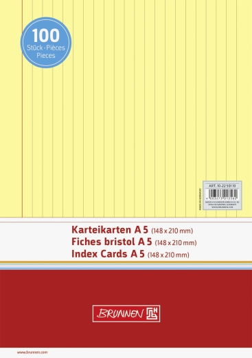 Karteikarten A5 liniert, 6 mm Zeilenabstand, rote Kopflinie, graue Querlinien gelb