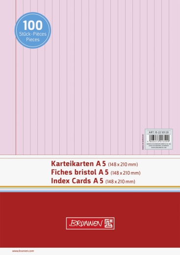 Karteikarten A5 liniert, 6 mm Zeilenabstand, rote Kopflinie, graue Querlinien rot