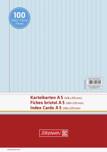 Karteikarten A5 liniert, 6 mm Zeilenabstand, rote Kopflinie, graue Querlinien blau