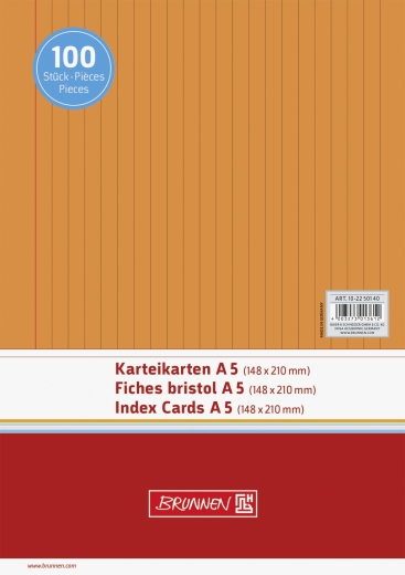 Karteikarten A5 liniert, 6 mm Zeilenabstand, rote Kopflinie, graue Querlinien orange