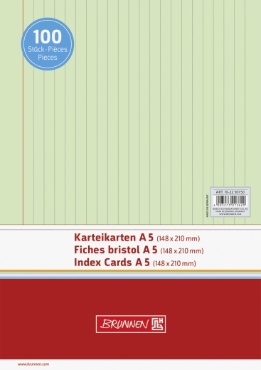 Karteikarten A5 liniert, 6 mm Zeilenabstand, rote Kopflinie, graue Querlinien grün