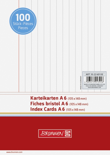 Karteikarten A6 liniert, 6 mm Zeilenabstand, rote Kopflinie, graue Querlinien weiß