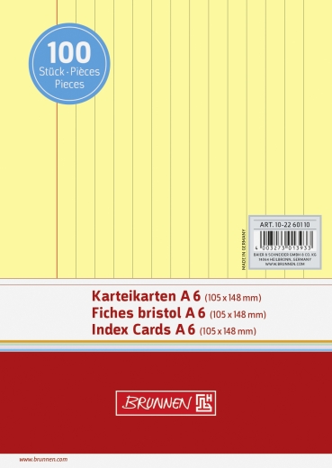 Karteikarten A6 liniert, 6 mm Zeilenabstand, rote Kopflinie, graue Querlinien gelb