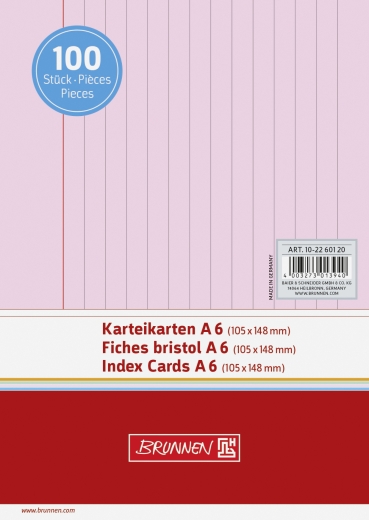 Karteikarten A6 liniert, 6 mm Zeilenabstand, rote Kopflinie, graue Querlinien rot