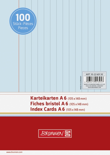 Karteikarten A6 liniert, 6 mm Zeilenabstand, rote Kopflinie, graue Querlinien blau