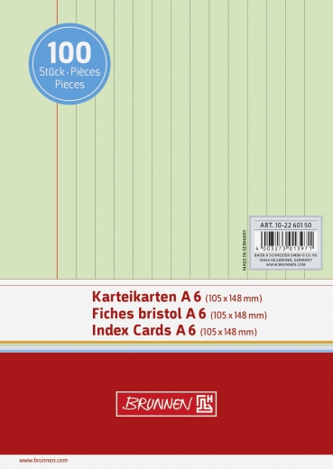 Karteikarten A6 liniert, 6 mm Zeilenabstand, rote Kopflinie, graue Querlinien grün