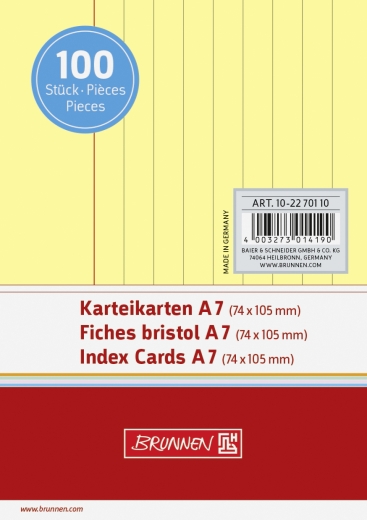 Karteikarten A7 liniert, 6 mm Zeilenabstand, rote Kopflinie, graue Querlinien gelb