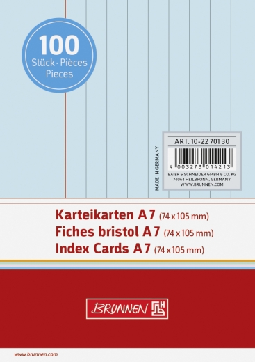 Karteikarten A7 liniert, 6 mm Zeilenabstand, rote Kopflinie, graue Querlinien blau