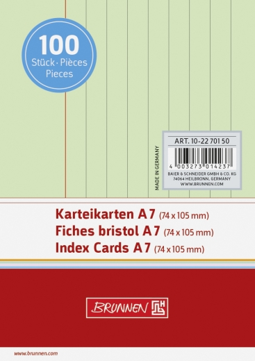 Karteikarten A7 liniert, 6 mm Zeilenabstand, rote Kopflinie, graue Querlinien grün