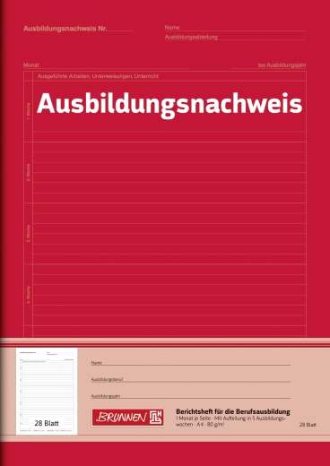 Ausbildungsnachweisheft A4 1 Monat je Seite, unterteilt in 5 Ausbildungswochen, linke Seite wie rech