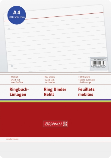 Ringbucheinlagen A4 liniert, mit roter Kopflinie