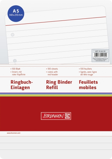 Ringbucheinlagen A5 liniert, mit roter Kopflinie