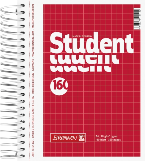 Collegeblock Student A6 5 mm kariert Deckblatt: rot