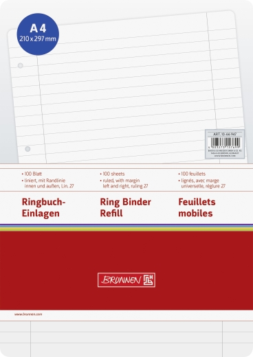 Ringbucheinlagen A4 liniert, mit Randlinie innen und außen, Lin. 27