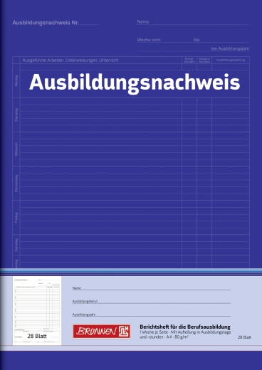 Ausbildungsnachweisheft A4 1 Woche je Seite, unterteilt in Ausbildungs-Tage und Stunden, mit Sonntag