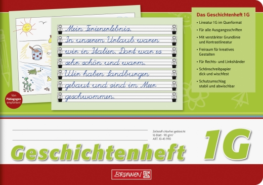 Geschichtenheft A5 quer linke Seite unliniert zum Bebildern von Geschichten, rechte Seite Schullinea