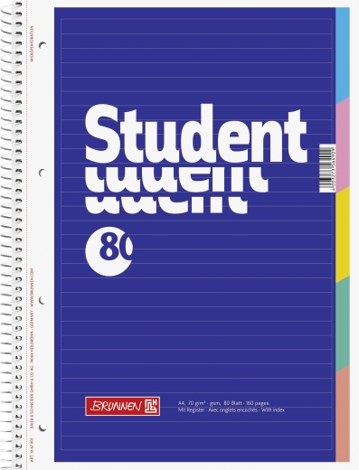 Collegeblock Student A4 liniert, mit 5-teiligem Register Deckblatt: blau