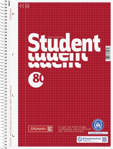 Collegeblock Student Recycling A4 5 mm kariert Deckblatt: rot