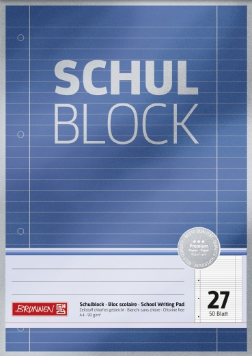 Block Premium Schulblock A4 liniert, mit Randlinie innen und außen, Lin. 27