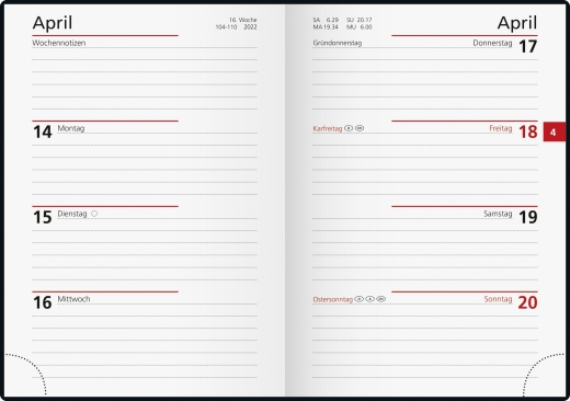 Wochenkalender Taschenkalender 2022 Blattgröße 10 x 14 cm