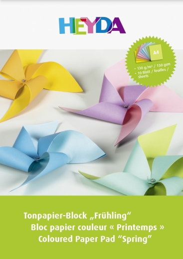 Tonpapier-Block Frühling A4 sonnengelb, mango, lachs, rosa, hellviolett, hellblau, wasserblau, min