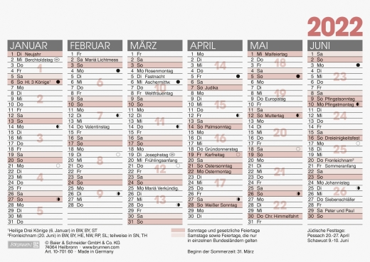 Jahreskalender Tischkalender 2022 A6 quer