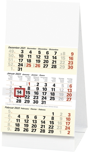 3-Monatskalender Tischkalender 2022 9,7 x 19 cm