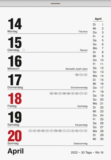 Wochenkalender Wandkalender 2022 10,5 x 15 cm, Schlitzweite 72 mm