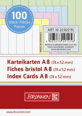 Karteikarten A8 liniert, 7 mm Zeilenabstand, blaue Kopflinie, blaue Querlinien weiß, gelb, rot, blau
